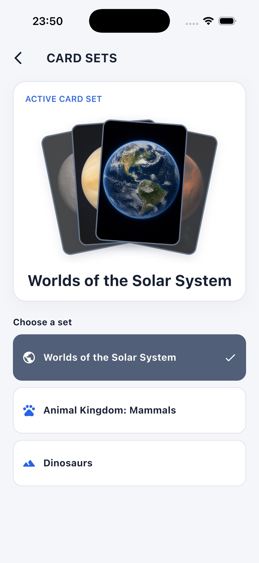 Quartiverse card-set chooser with Solar System, mammals and dinosaurs