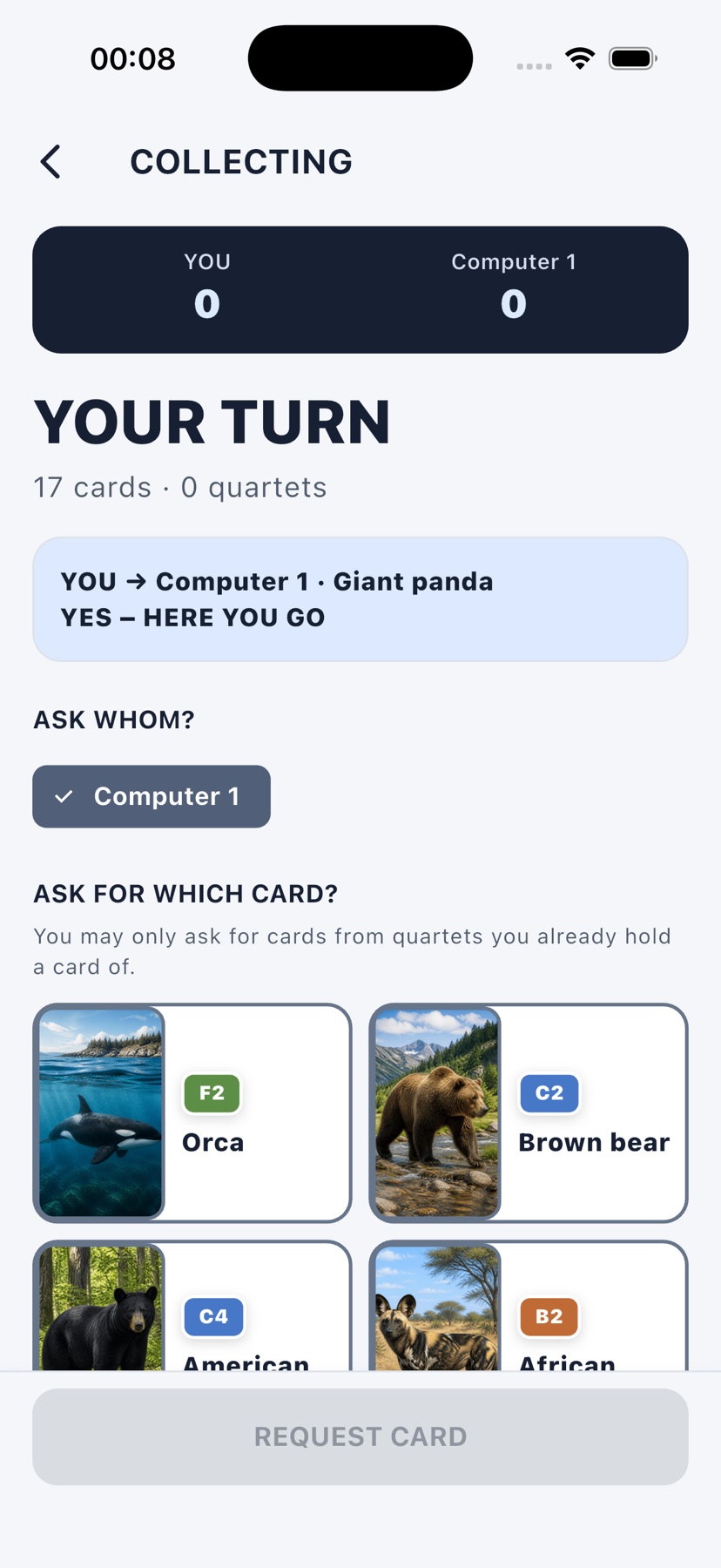 Quartiverse Collecting mode showing a turn and several cards available to request