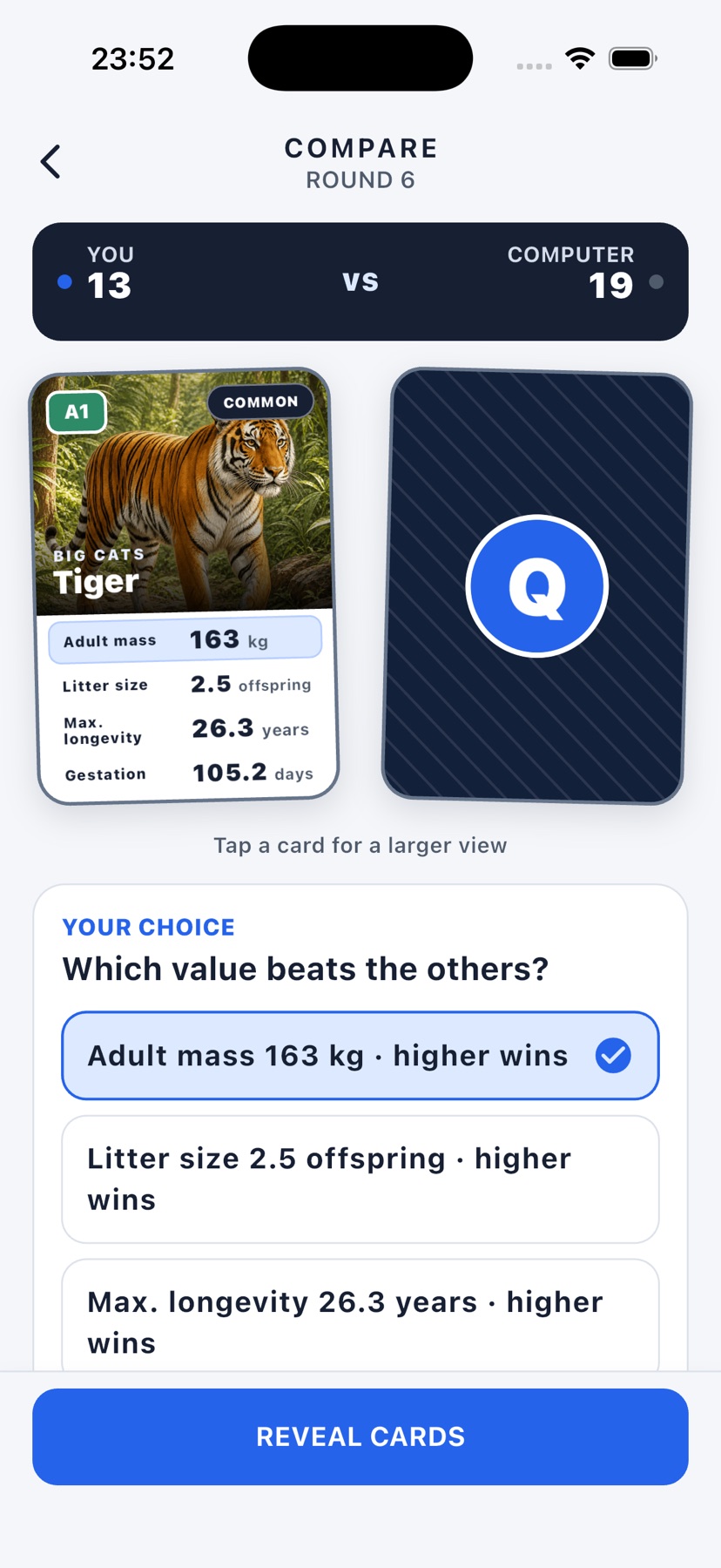 Quartiverse comparison round with a tiger card and category choices