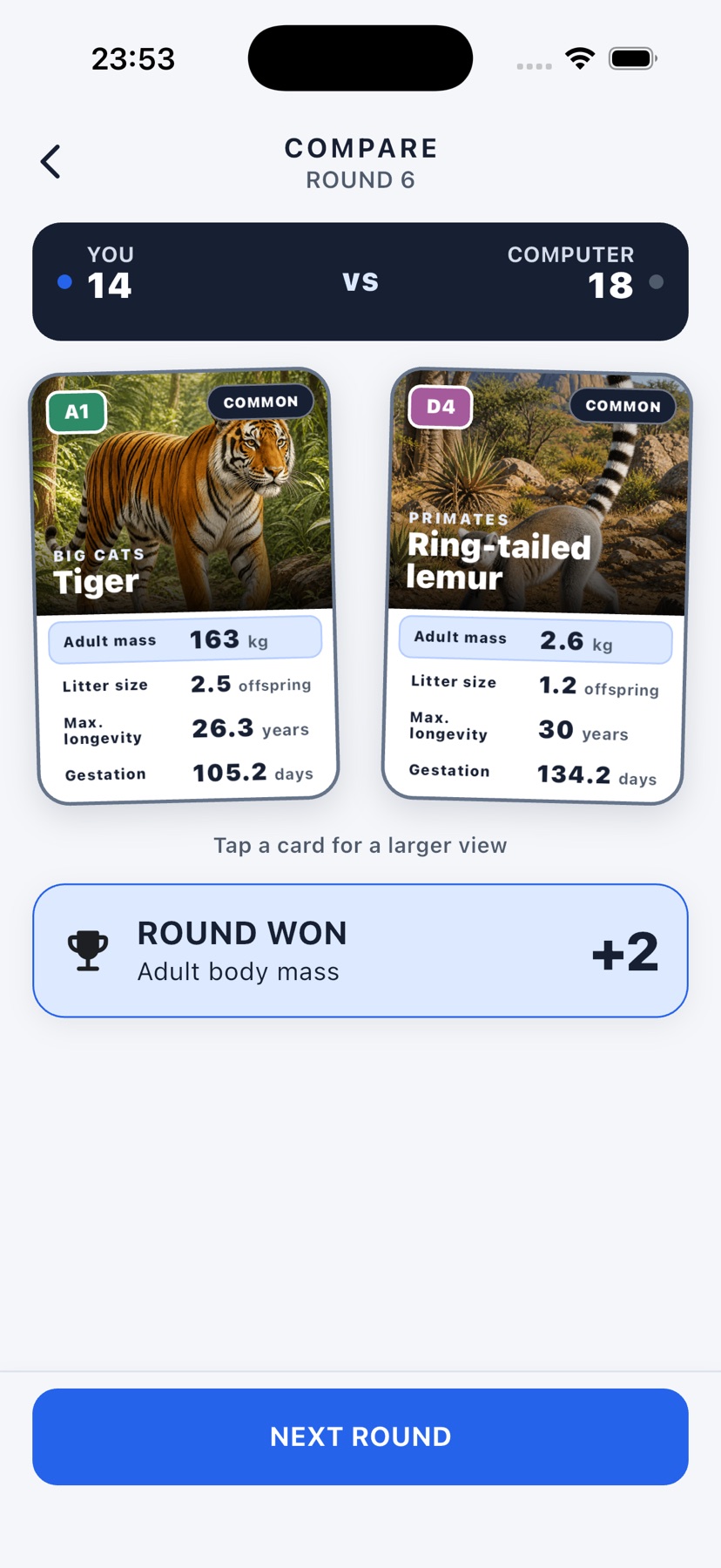 Quartiverse comparison result between a tiger and a ring-tailed lemur