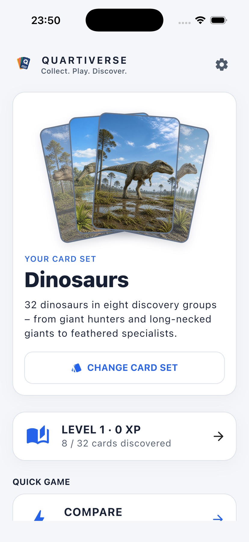 Quartiverse home screen with the Dinosaurs card set selected