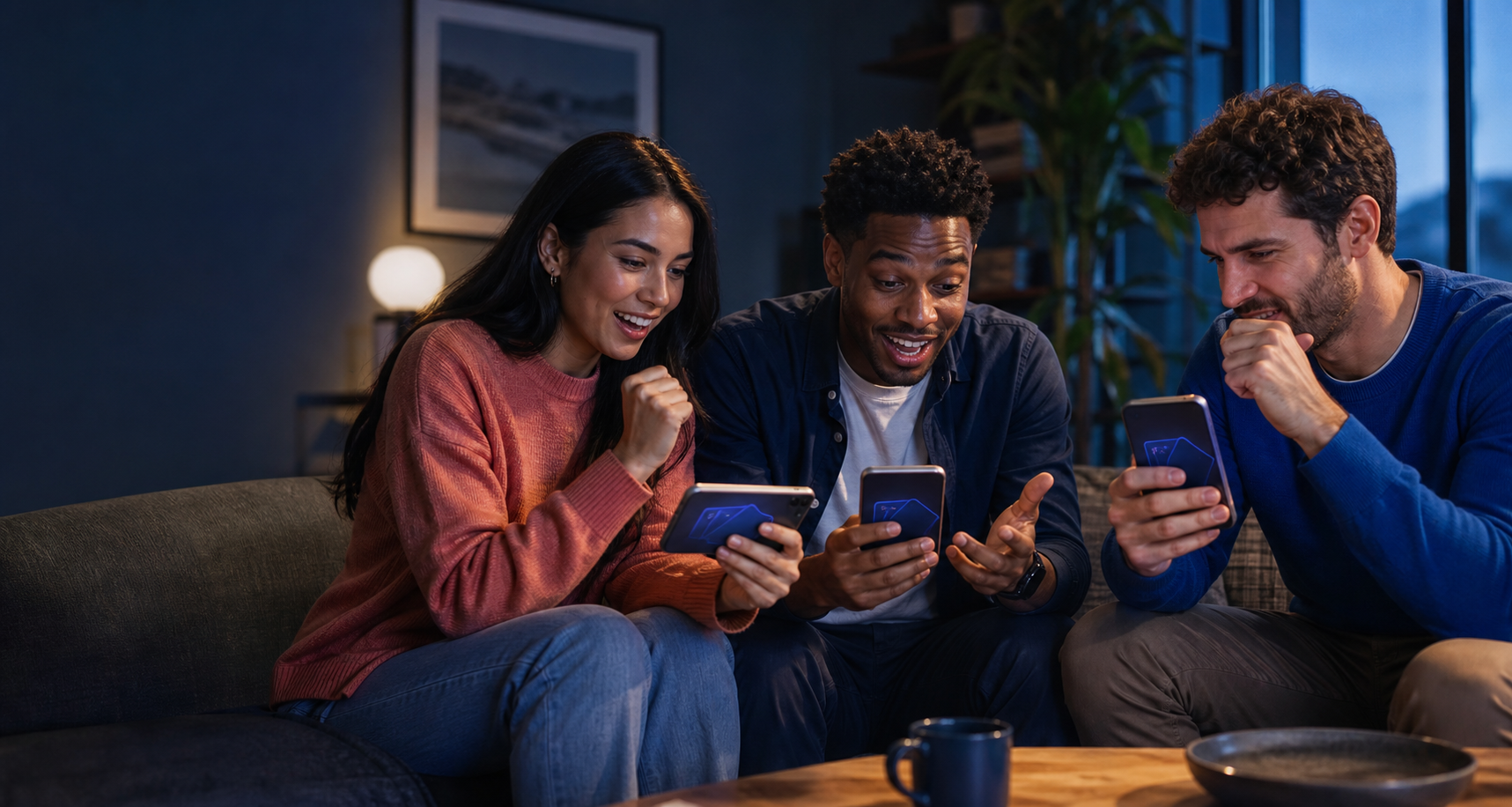 AI-generated scene of three adult friends enjoying a smartphone game together